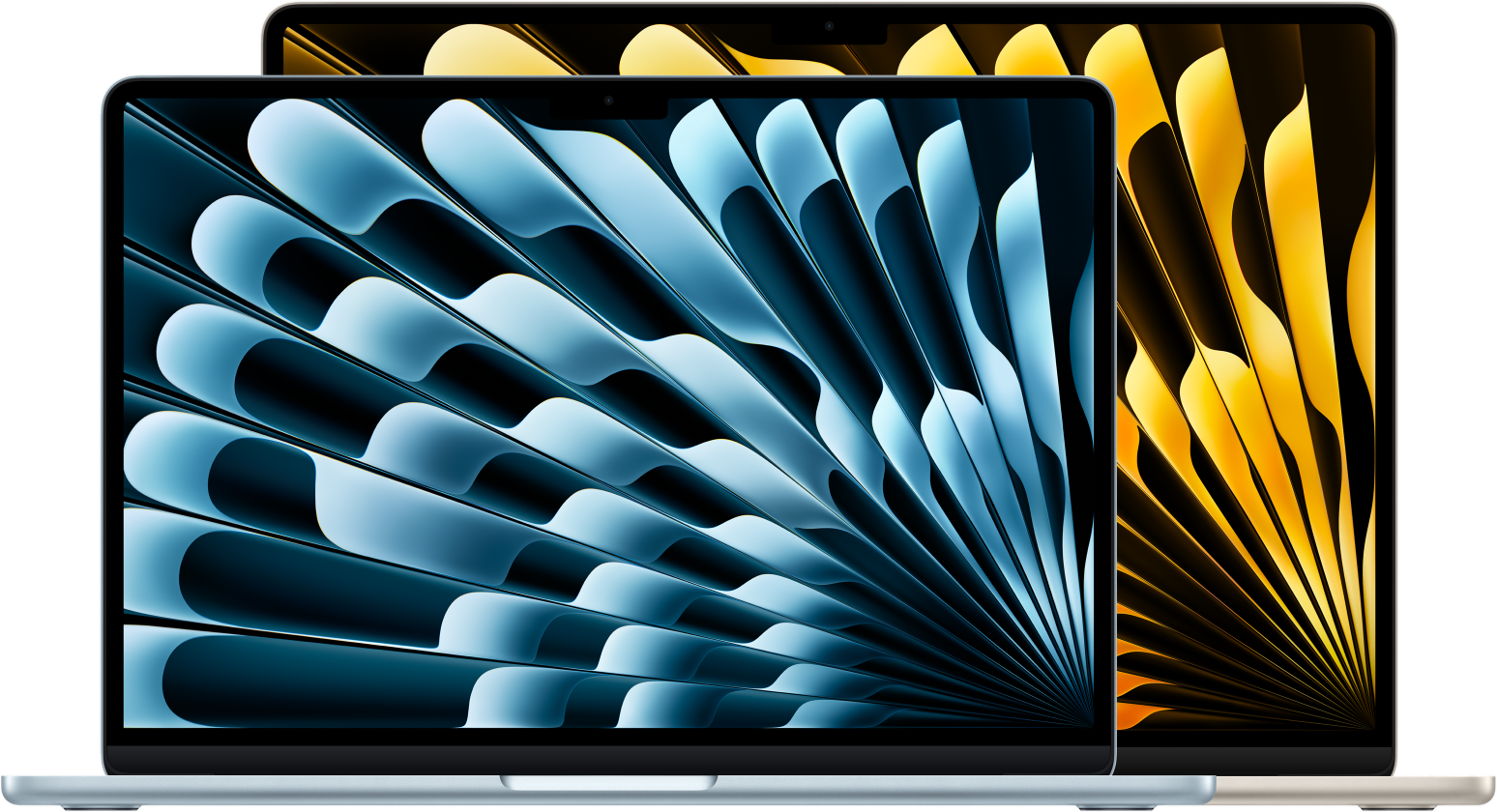 MacBook Air 13 pouces bleu ciel devant le MacBook Air 15 pouces lumière stellaire