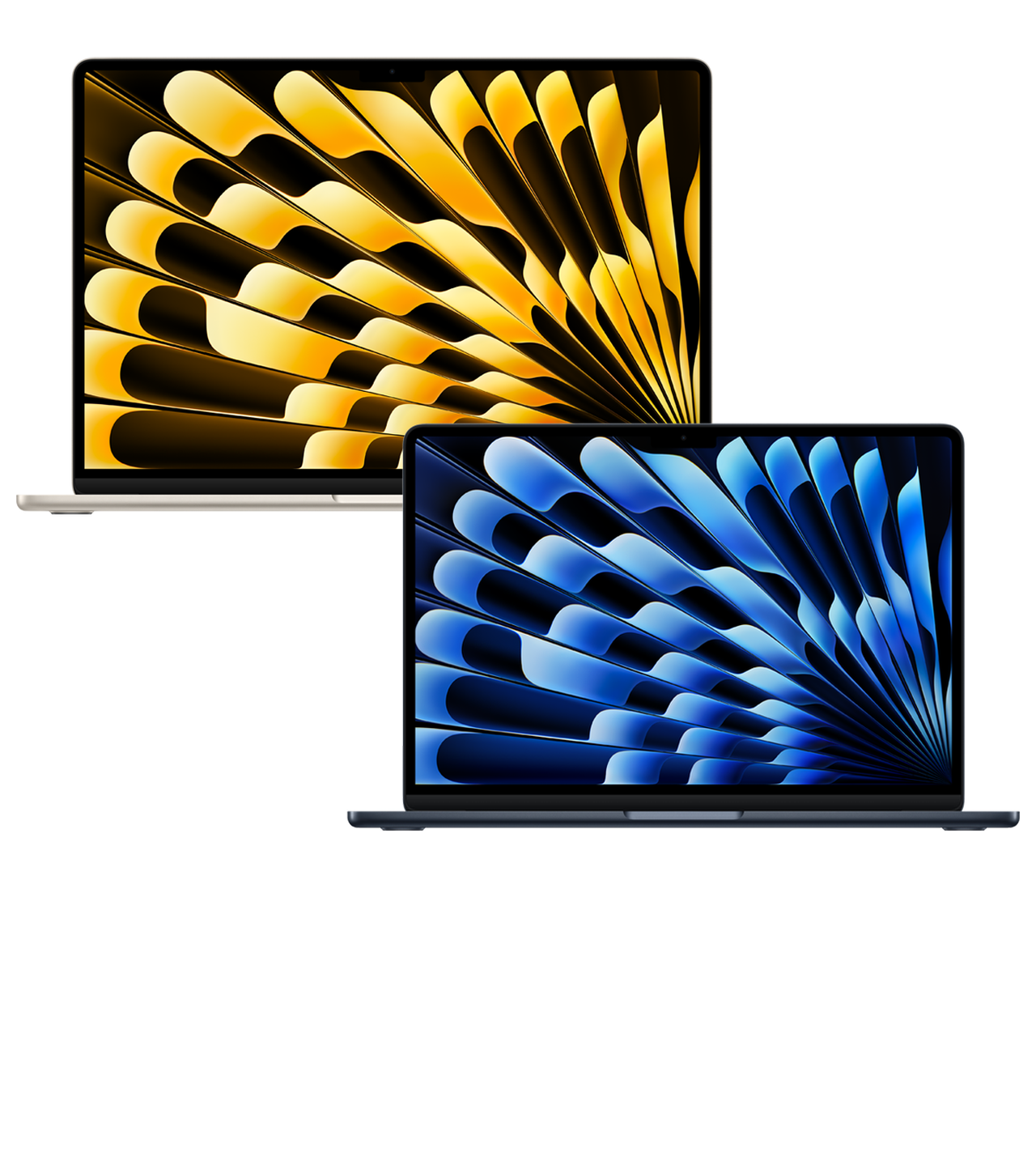 MacBook Air 15 pouces lumière stellaire et MacBook Air 13 pouces minuit, écrans allumés