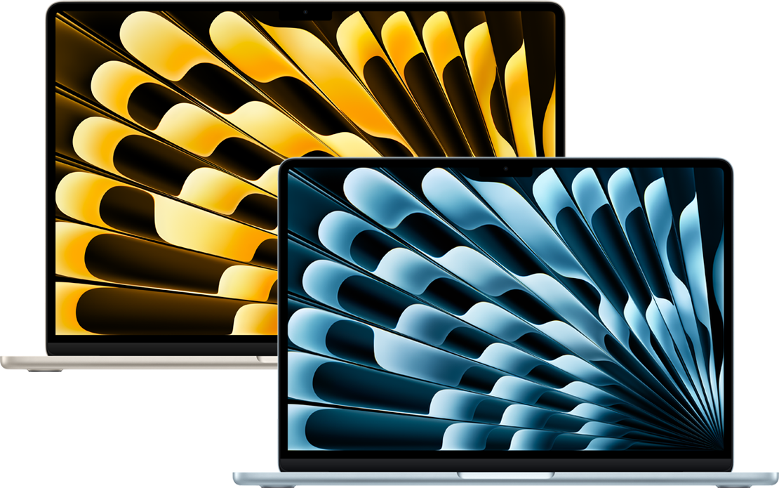 MacBook Air 13 pouces bleu ciel devant le MacBook Air 15 pouces lumière stellaire