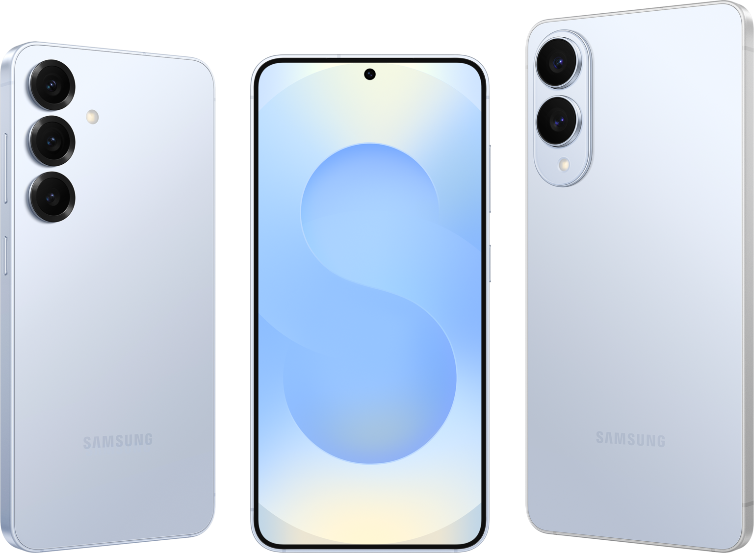 Galaxy S25 Icyblue vu de dos et de face, et Galaxy S25 Edge vu de dos