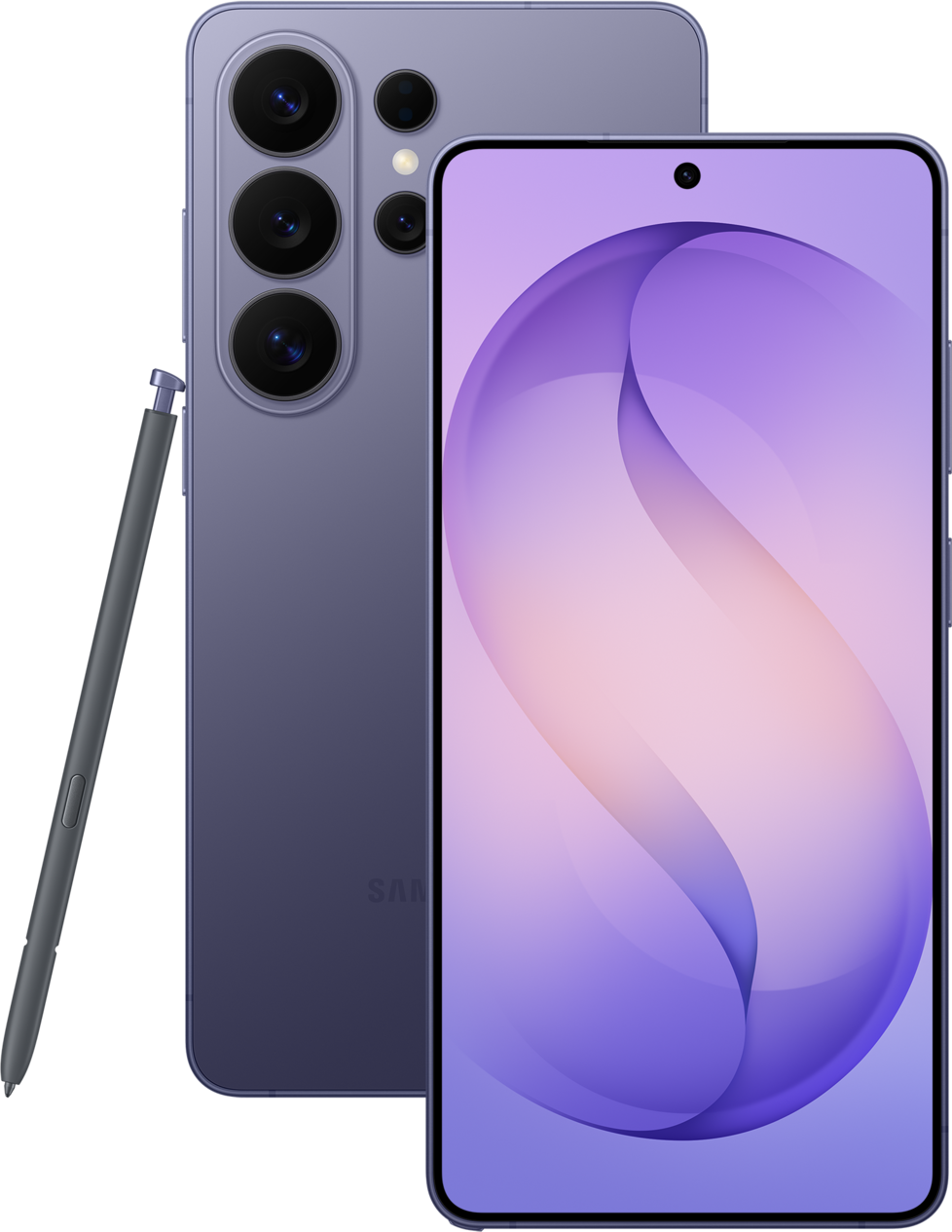 Galaxy S26 Ultra violet cobalt avec son S Pen, vu de dos et de face