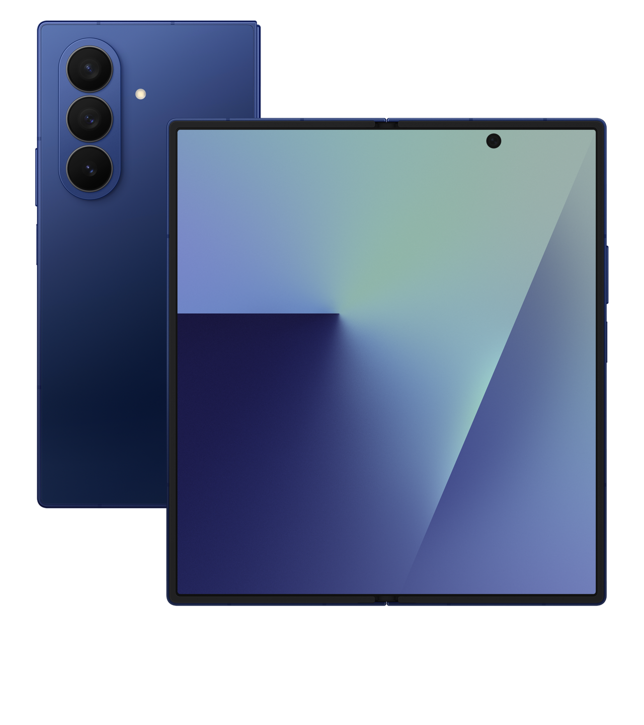 Samsung Galaxy Z Fold7 Blue Shadow, fermé vu de dos et ouvert sur son écran intérieur