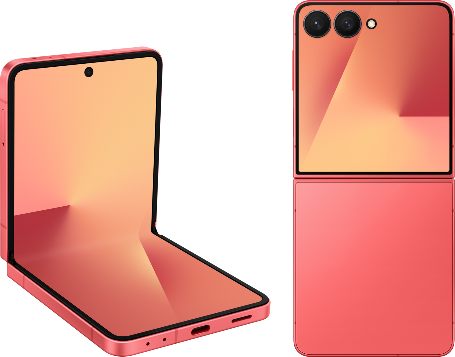 Galaxy Z Flip7 Coralred à demi ouvert, et fermé sur son écran externe