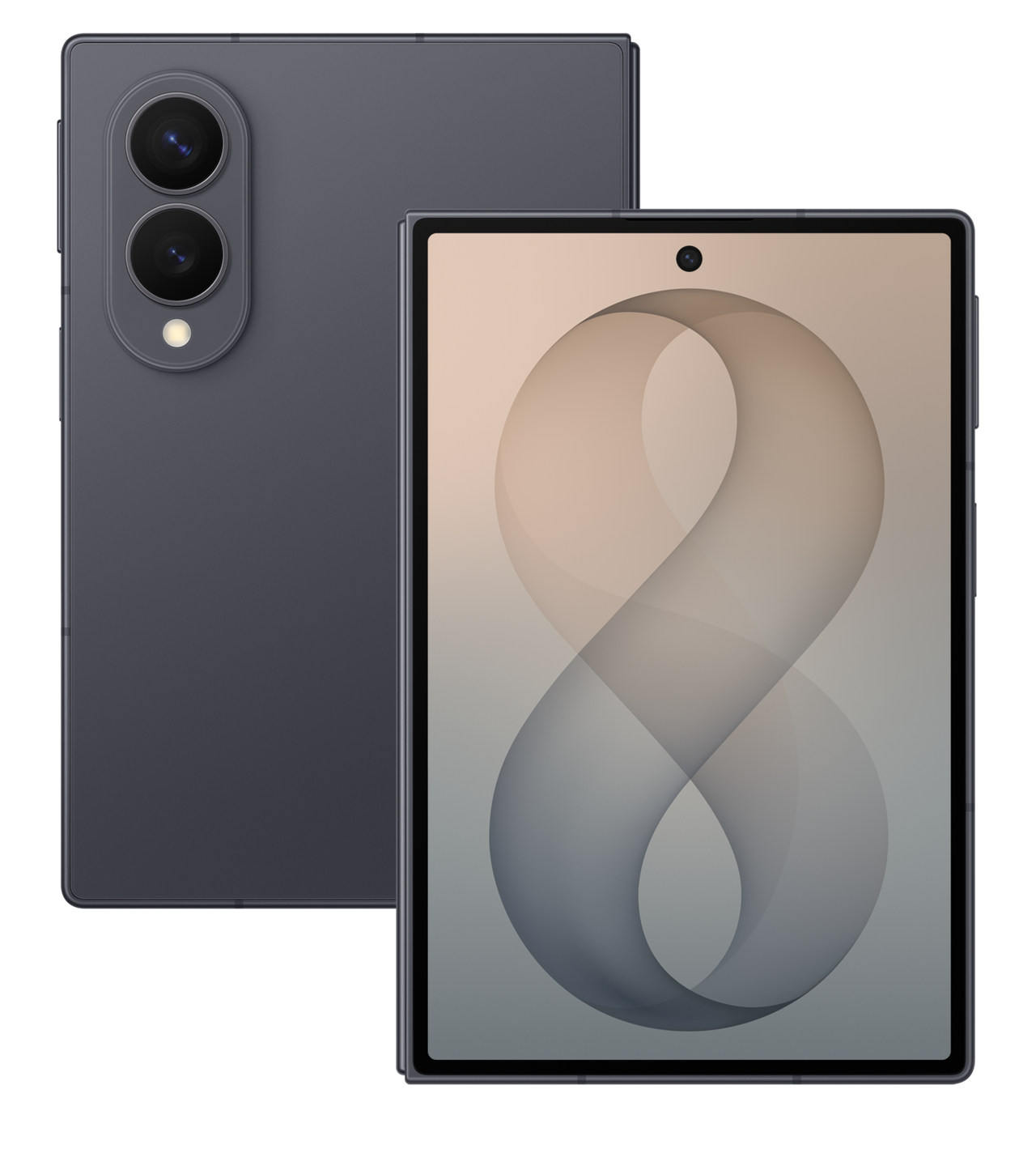 Samsung Galaxy Z Fold 8 graphite, fermé vu de dos et ouvert sur son écran intérieur