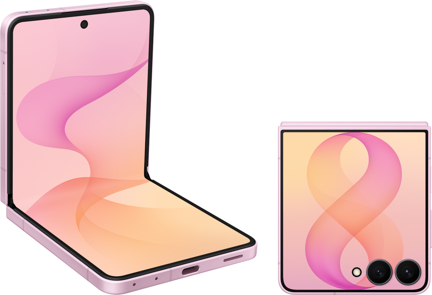 Galaxy Z Flip8 rose, à demi ouvert et fermé