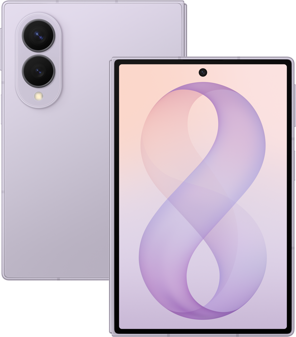 Galaxy Z Fold 8 lavande, fermé vu de dos et ouvert